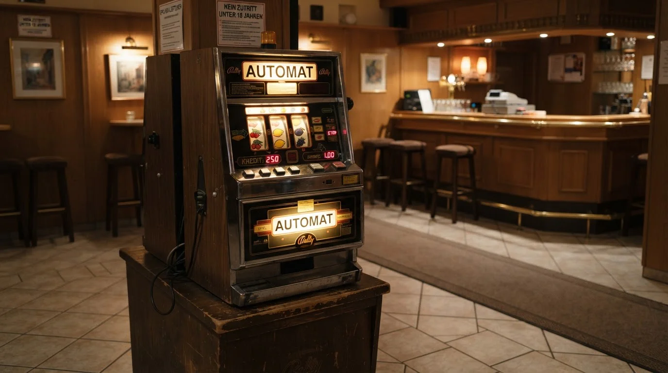 Jackpot-Display auf Spielothek-Bildschirm mit klassischen Fruchtsymbolen