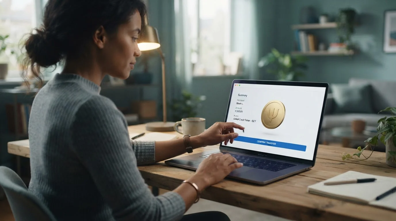 Person an einem Laptop beim Bestätigen einer digitalen Überweisung mit Münzsymbol