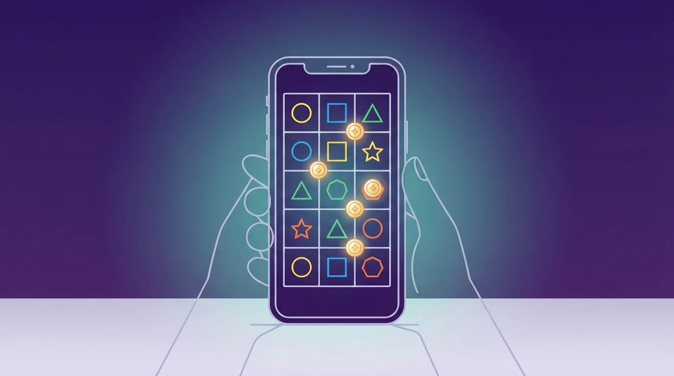 Ein Smartphone im Hochformat zeigt ein abstraktes Walzenraster eines Spielautomaten mit kleinen häufigen Treffern statt eines großen Jackpots