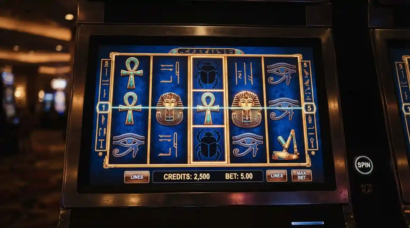 Nahaufnahme eines Spielautomaten-Bildschirms mit ägyptischem Thema und Scatter-Symbol