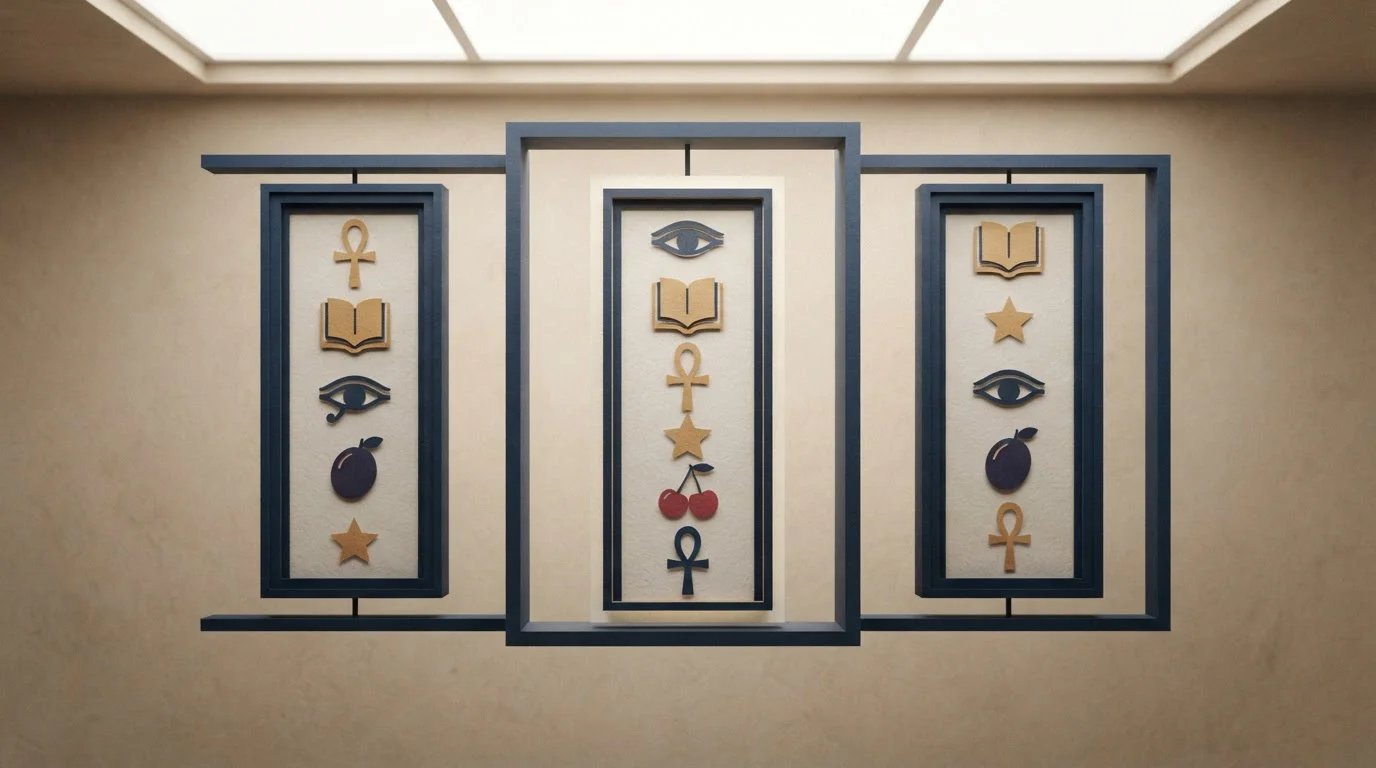 Symbolische Spielautomaten-Walzen mit Büchern, ägyptischen Symbolen und Früchten — keine spezifischen Marken erkennbar