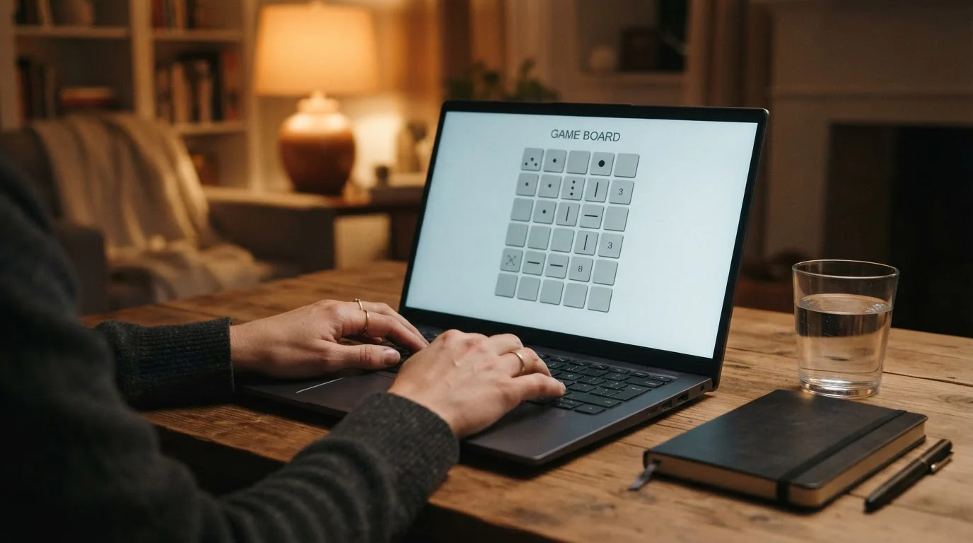 Hände an einer Tastatur vor einem Bildschirm mit neutraler Spieloberfläche