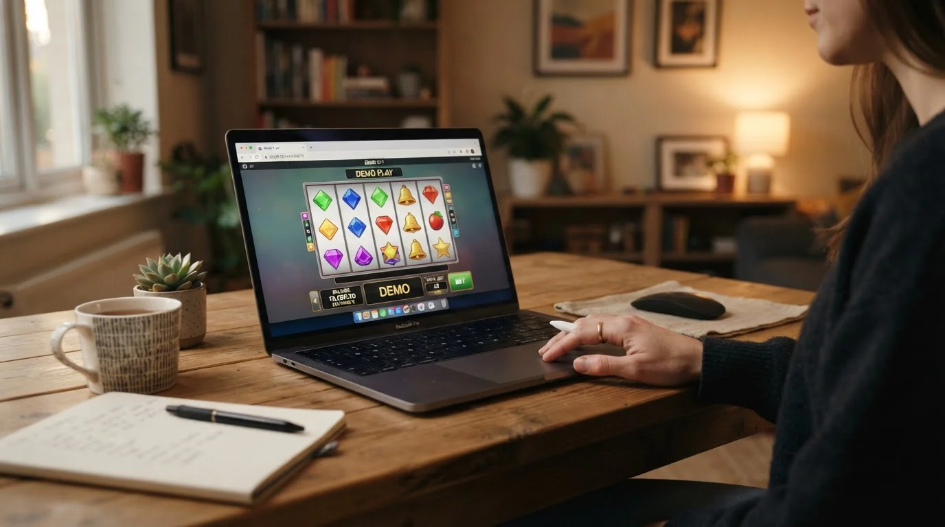 Laptop-Bildschirm mit einem neutralen Slot-Spiel im Demo-Modus, sichtbare Walzen ohne erkennbares Branding