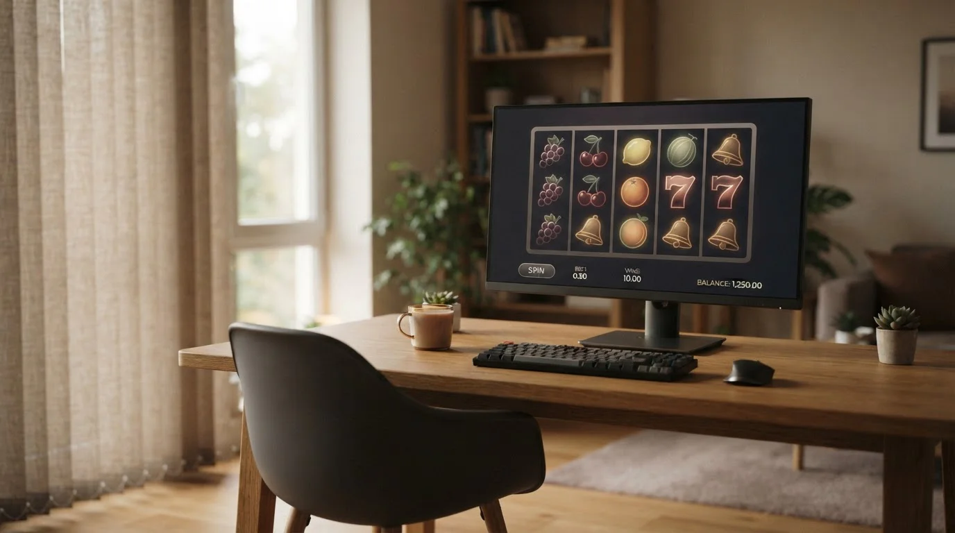 Spielautomat-Bildschirm mit Walzen und Münz-Effekten in warmem Licht auf einem Desktop-Monitor