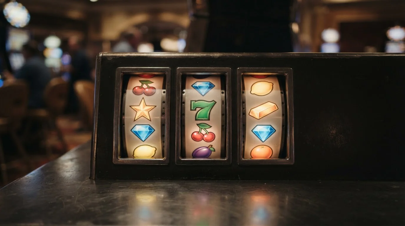 Drei klassische Spielautomaten auf einem Bildschirm, Symbole und Walzen ohne Markenidentifikation