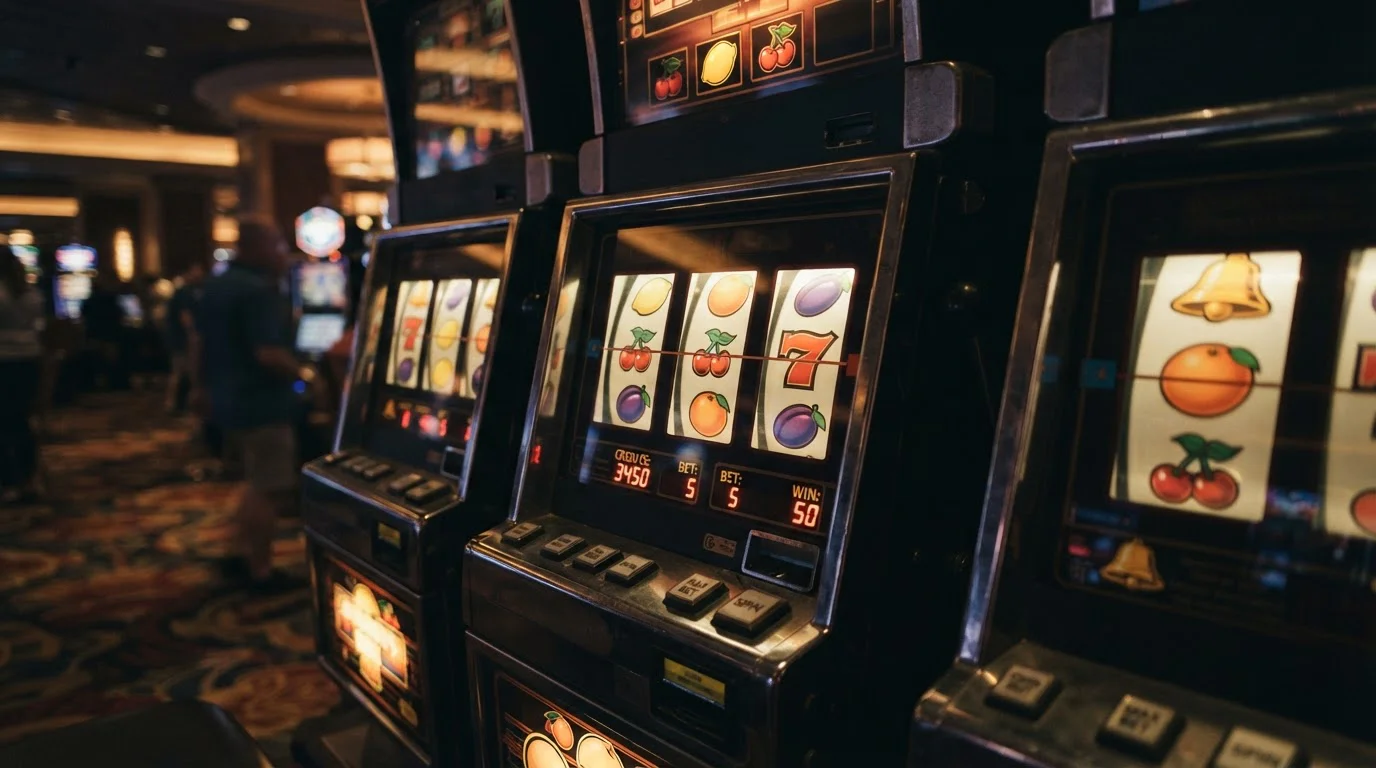 Stilisierte Spielautomat-Symbole auf dunklem Hintergrund, ohne Marken