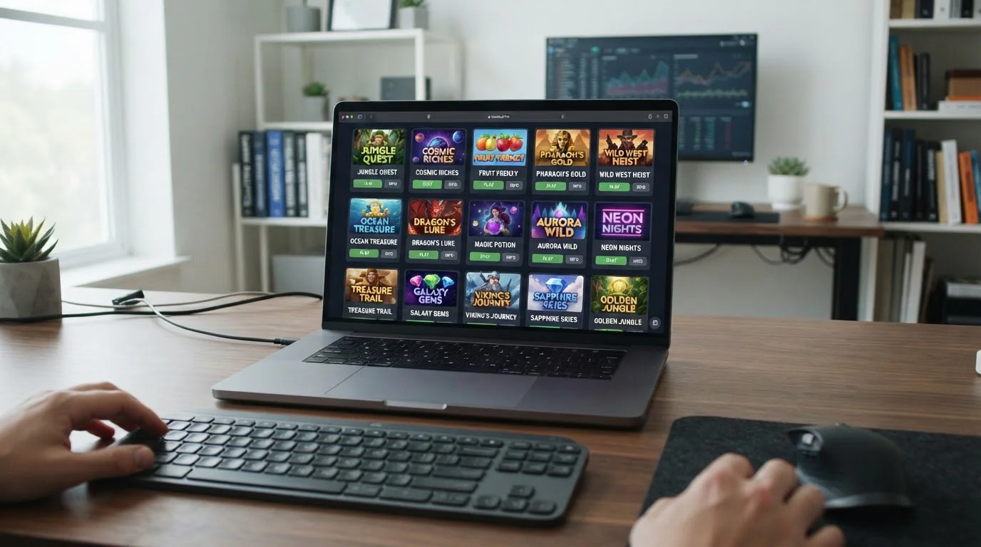 Laptop mit Grid von Slot-Thumbnails ohne erkennbare Marken