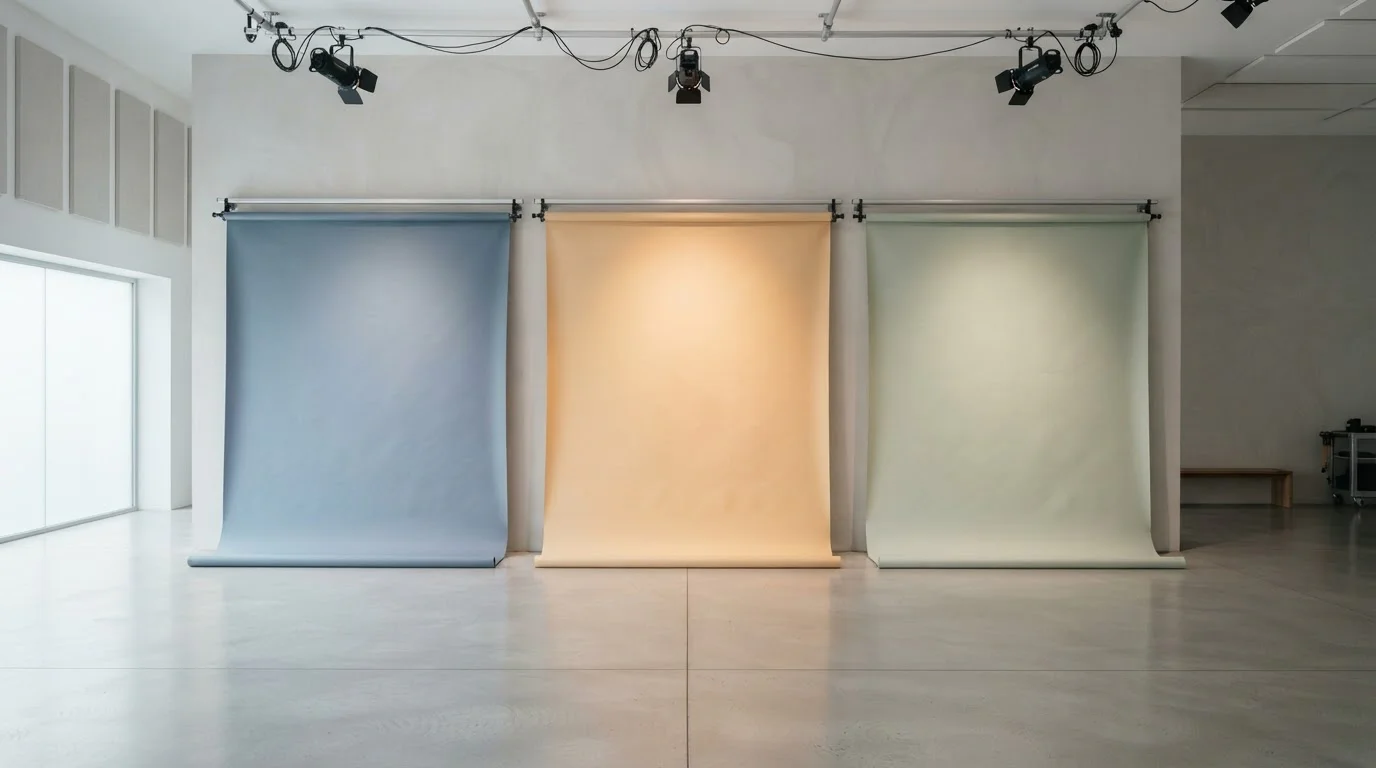 Drei Fotostudio-Hintergründe in Blau, Bernstein und Grün – Studios hinter den Spielautomaten