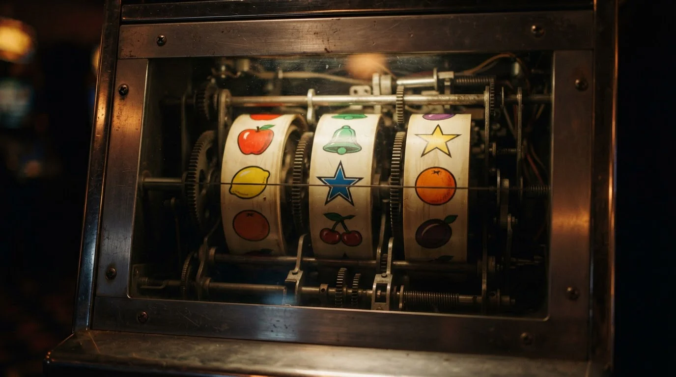 Walzen eines Spielautomaten mit klassischen Fruchtsymbolen ohne Markenkennzeichnung