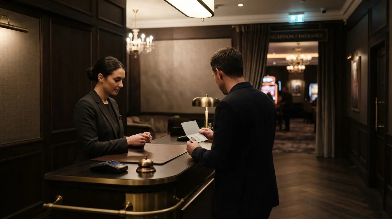 Eingangsbereich einer Spielbank mit Kontrolle des Lichtbilddokuments am Empfang