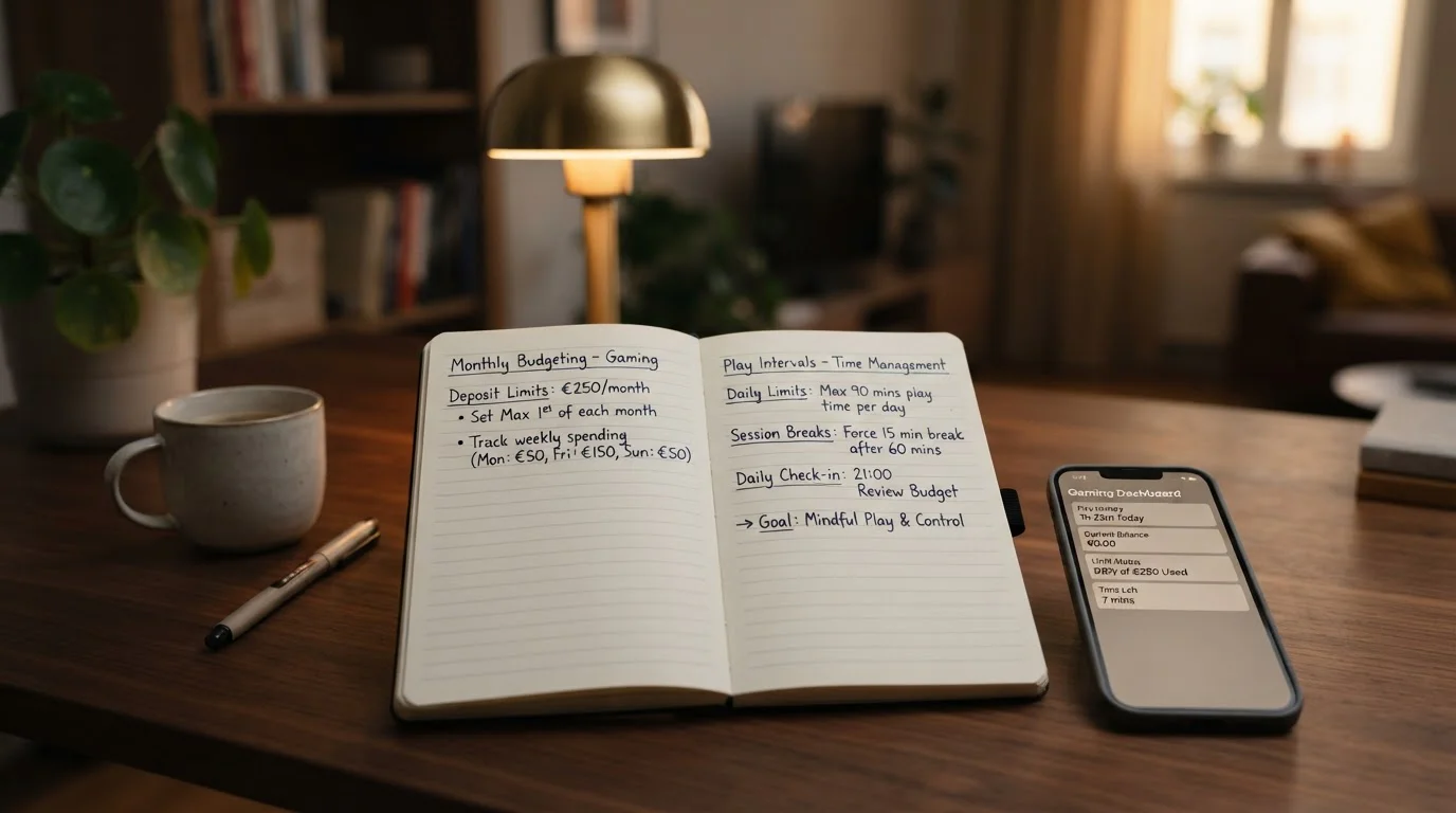 Notizbuch mit handschriftlichen Eintragungen zu Einzahlungs- und Zeitlimits, daneben ein Smartphone, neutraler Hintergrund