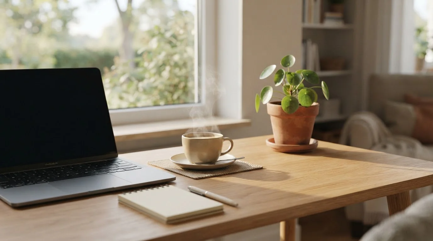 Ruhige Schreibtischszene mit Laptop und einer Kaffeepause als Symbol für bewusstes und verantwortungsvolles Spielen