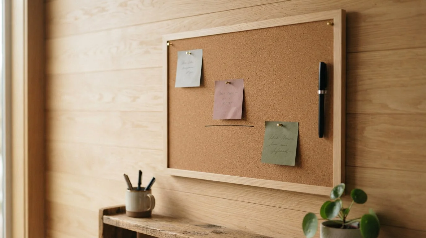 Planungstafel mit Haftnotizen und Kugelschreiber an der Wand