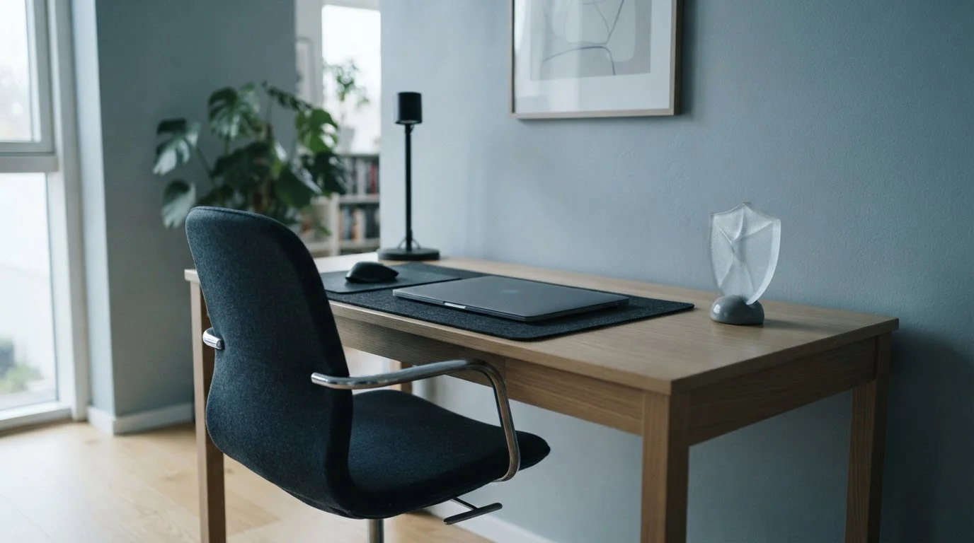 Leerer Stuhl am Schreibtisch mit geschlossenem Laptop und einem abstrakten Schutz-Schild als Sinnbild für die fehlende Sperrmechanik