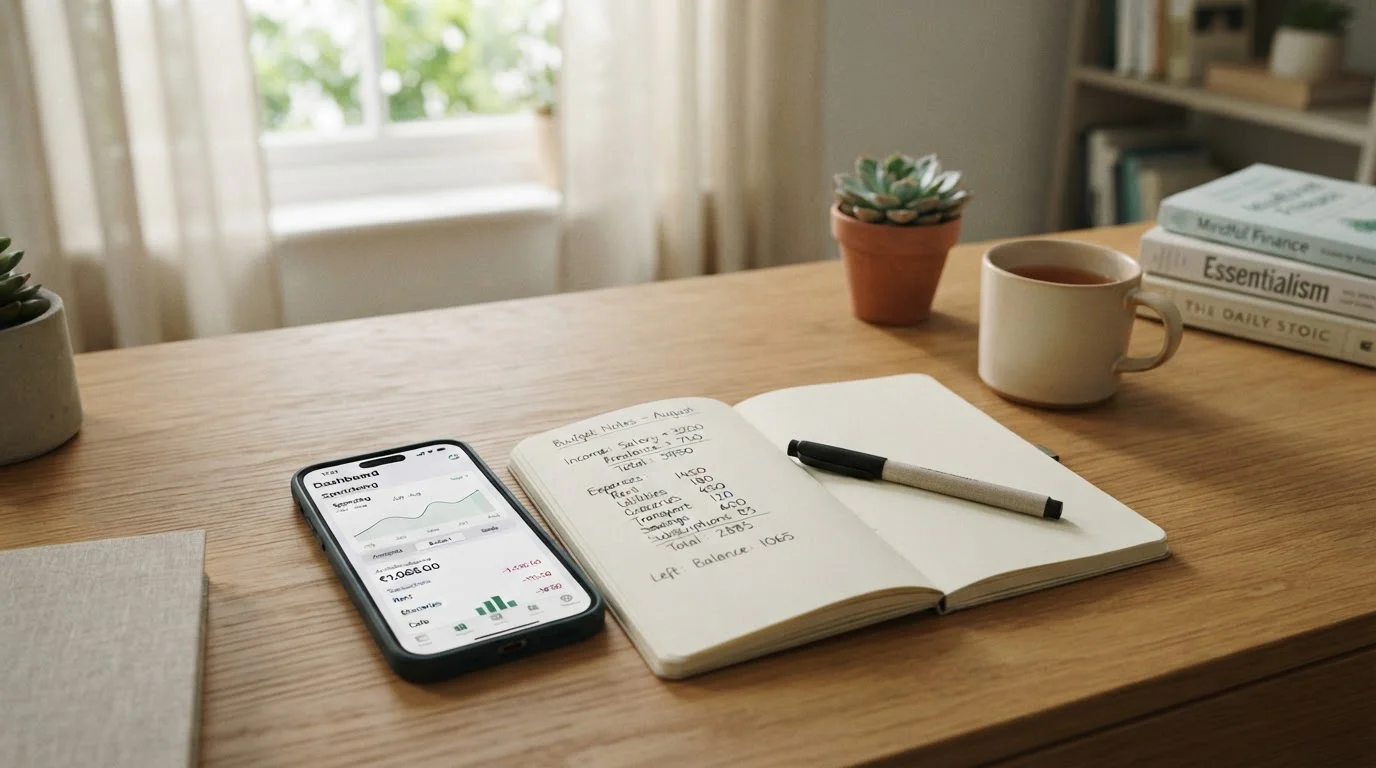 Notizbuch mit handgeschriebenen Budget-Einträgen und Smartphone als Symbol für verantwortliches Spielen