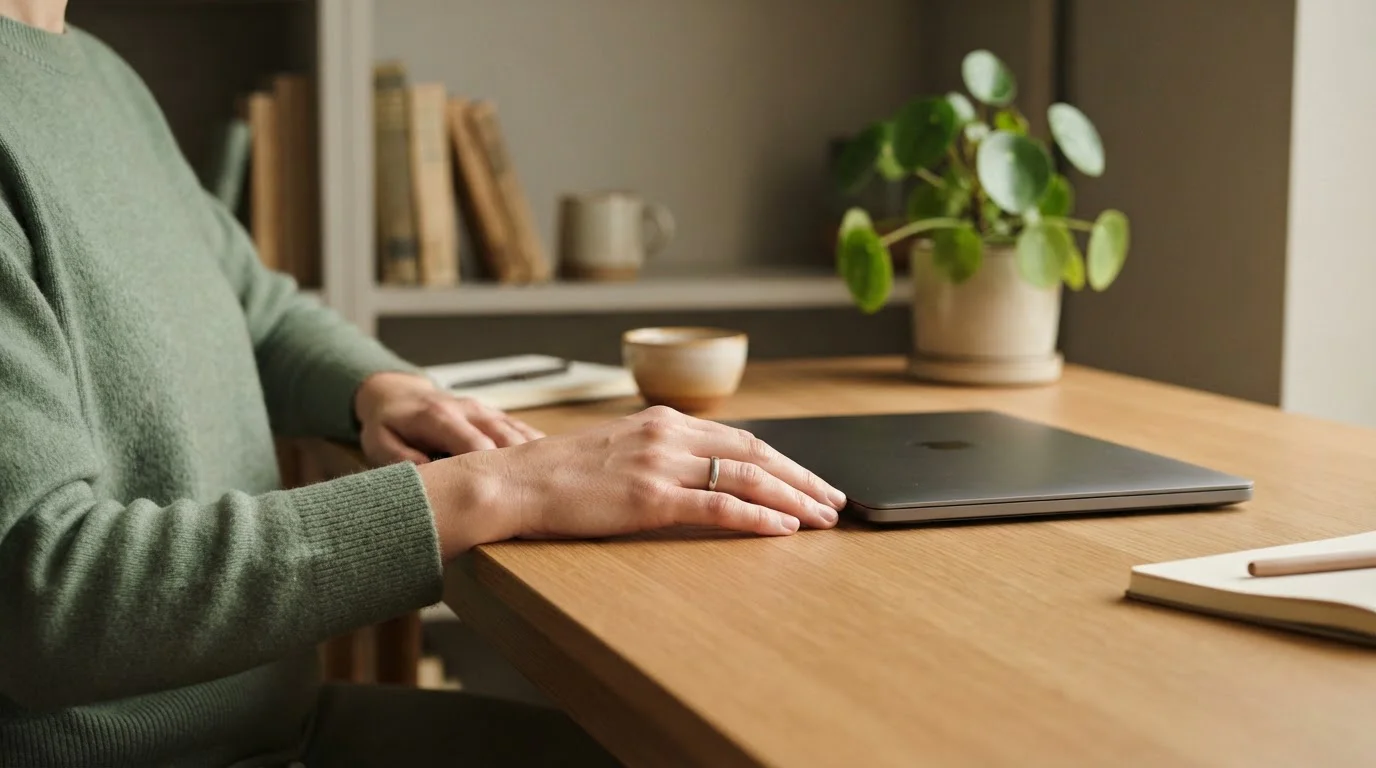 Hand ruht neben geschlossenem Laptop auf einem aufgeräumten Schreibtisch
