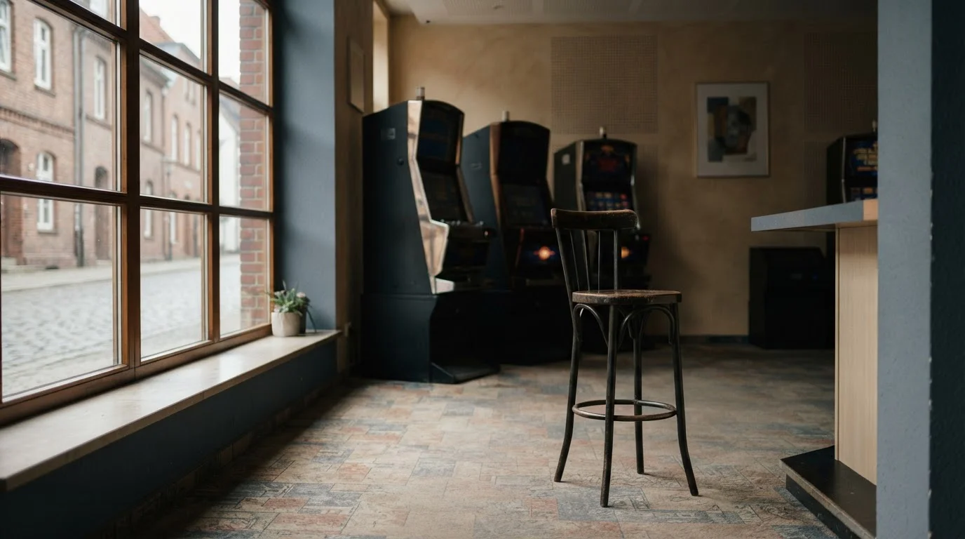 Innenansicht einer deutschen Spielhalle mit Spielautomaten und Tageslichteinfall