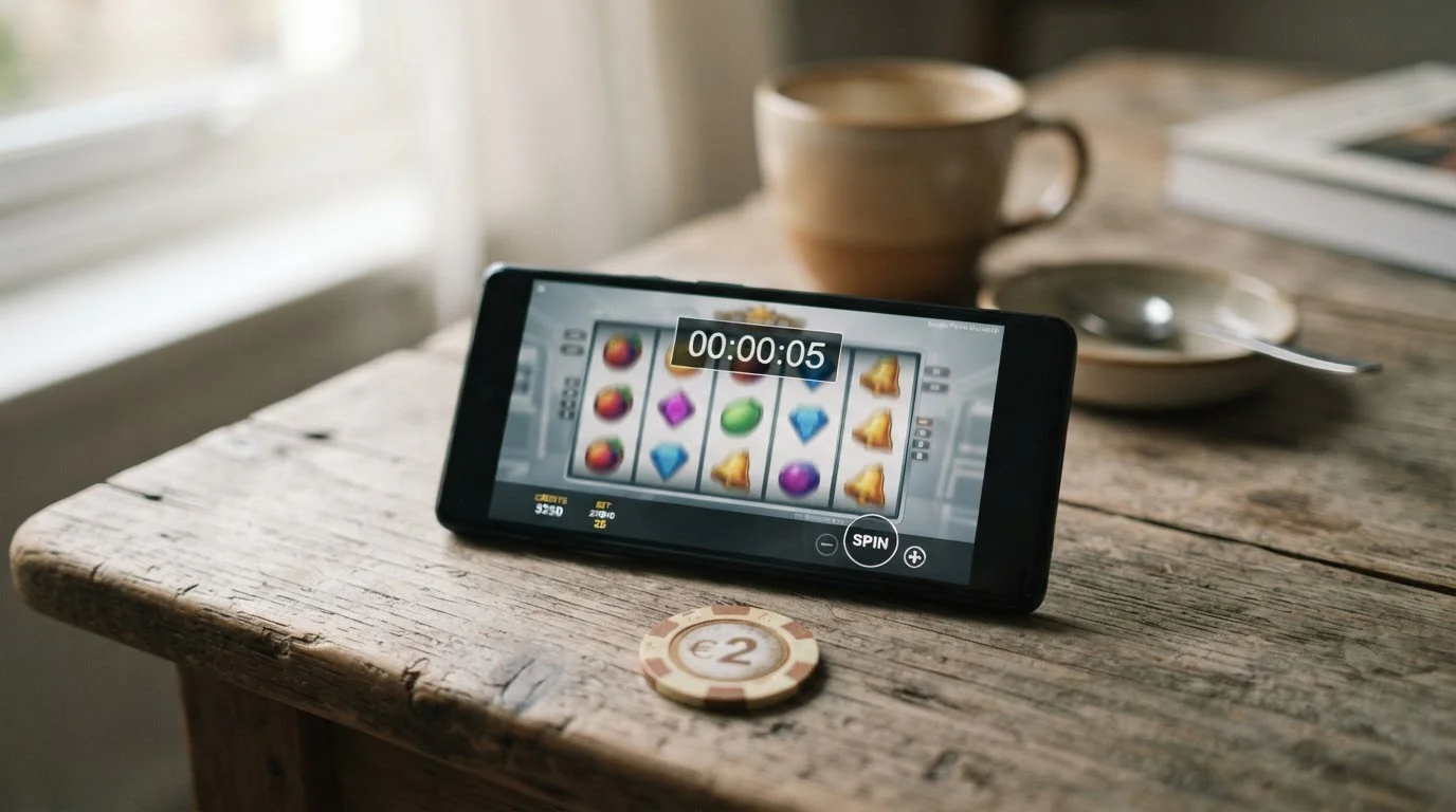 Smartphone-Bildschirm mit Spielautomat, darüber eine digitale Stoppuhr, die 5 Sekunden anzeigt