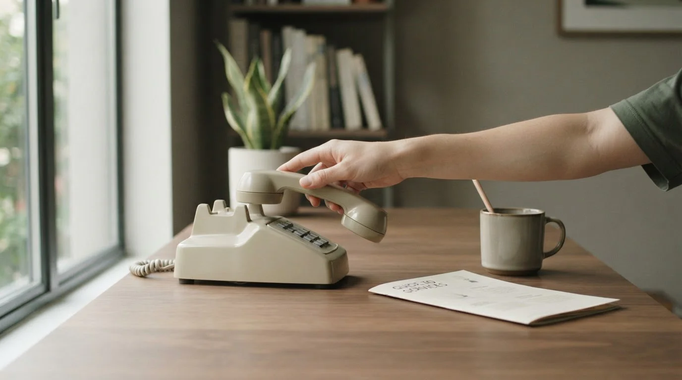 Hand greift am Schreibtisch zum Telefonhörer, daneben eine Broschüre