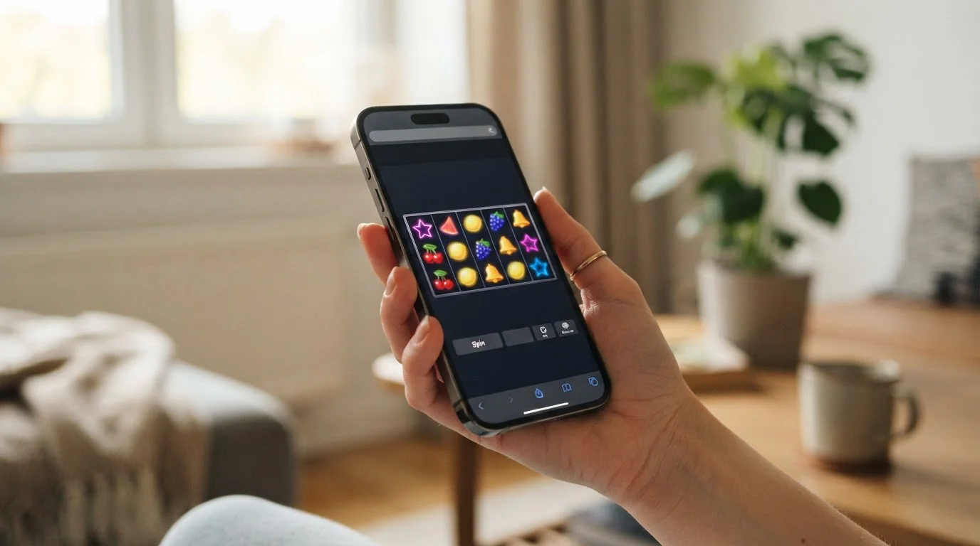 Person mit Smartphone und neutraler Darstellung eines Spielautomaten im Internetseite