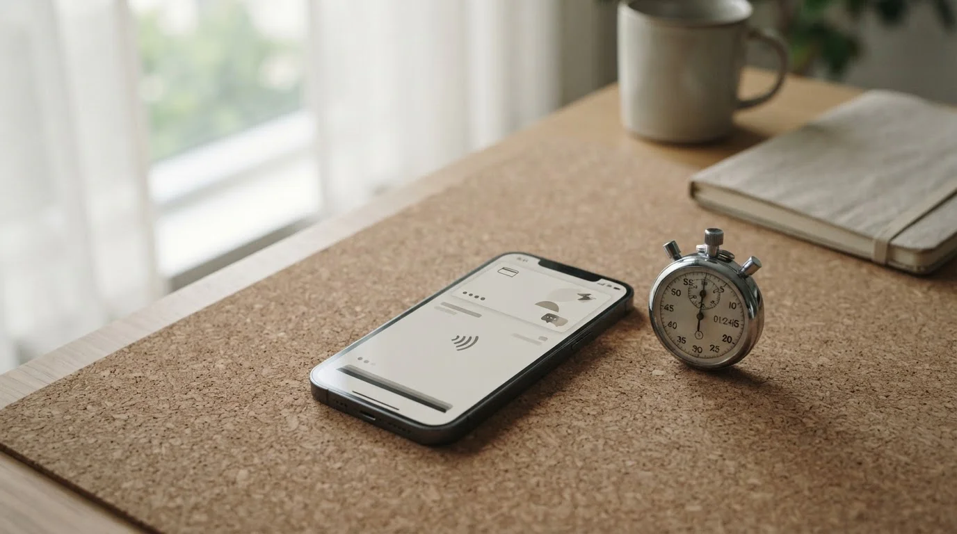Smartphone mit einer Wallet-App und daneben analoge Stoppuhr