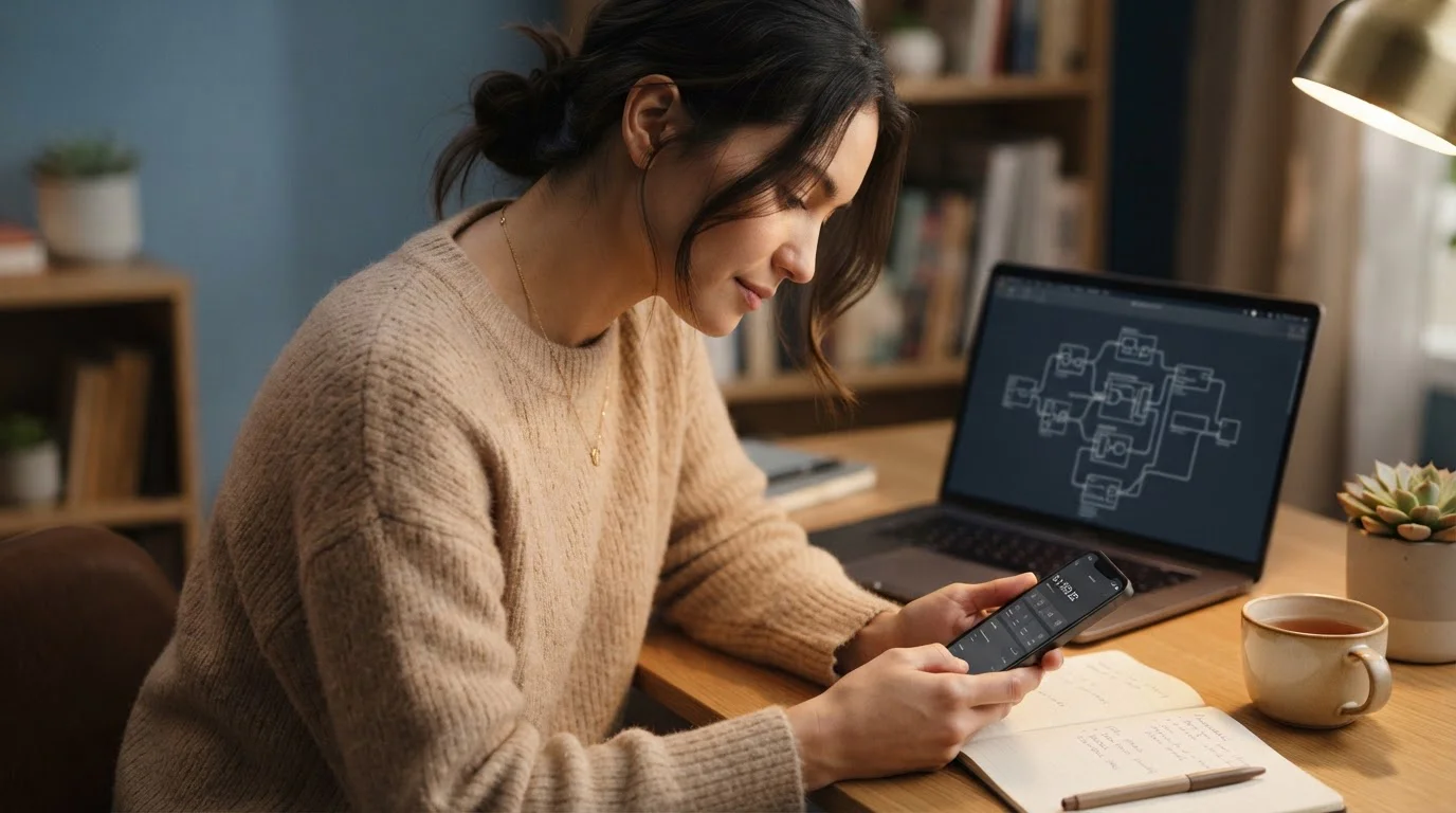 Nahaufnahme einer Person, die mit Smartphone und Notebook eine Blockchain-Transaktion auf einem Monitor beobachtet