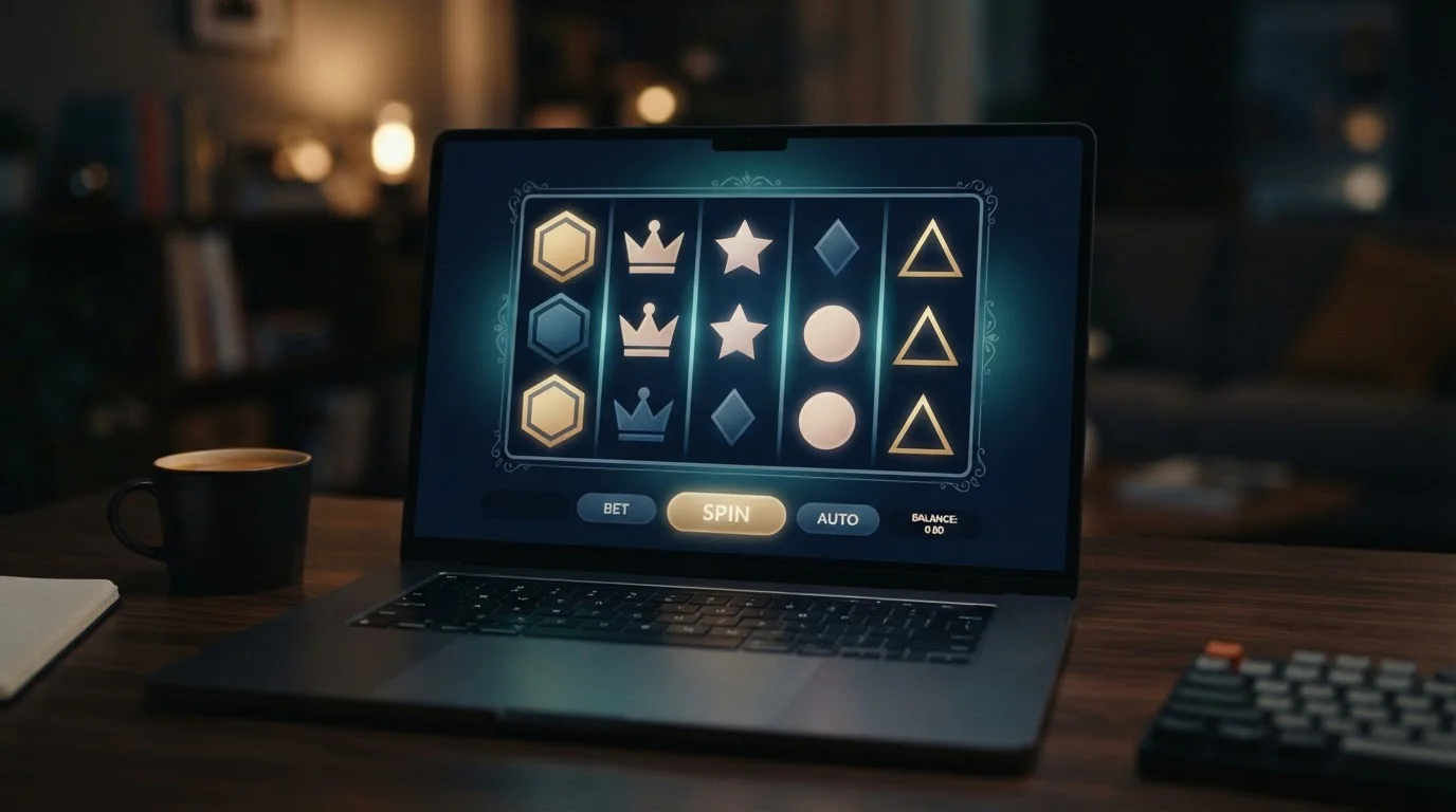 Online-Spielautomat am Laptop mit Walzen und Wild-Symbolen