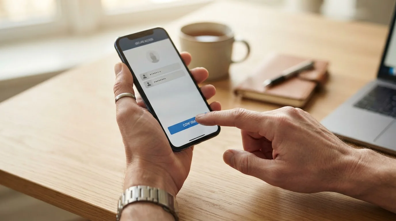 Nahaufnahme eines Smartphone-Bildschirms mit Online-Banking-Anmeldung und Trustly-Bestätigungsfenster