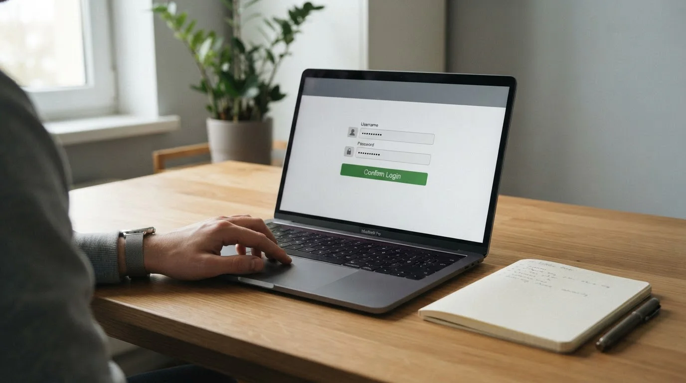 Laptop zeigt Online-Banking-Anmeldung, Hand auf dem Touchpad, Notizbuch daneben