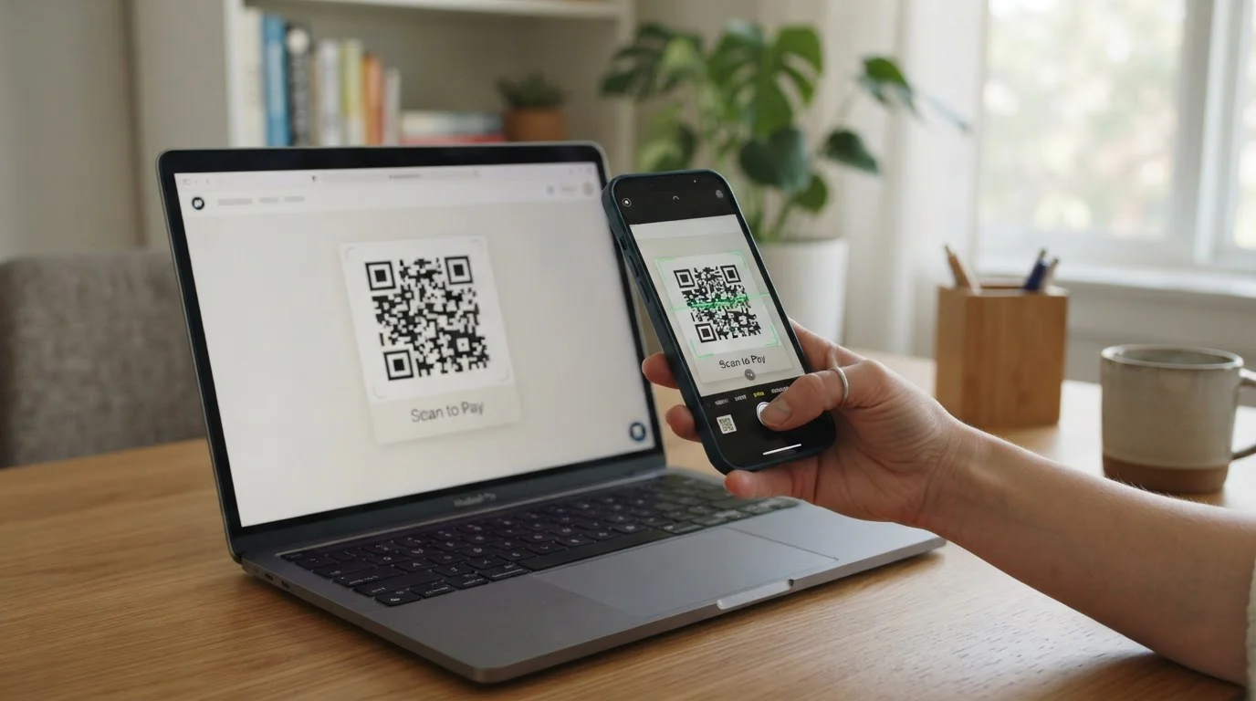Erwachsene Hand scannt einen neutralen QR-Code vom Laptop mit einem Smartphone