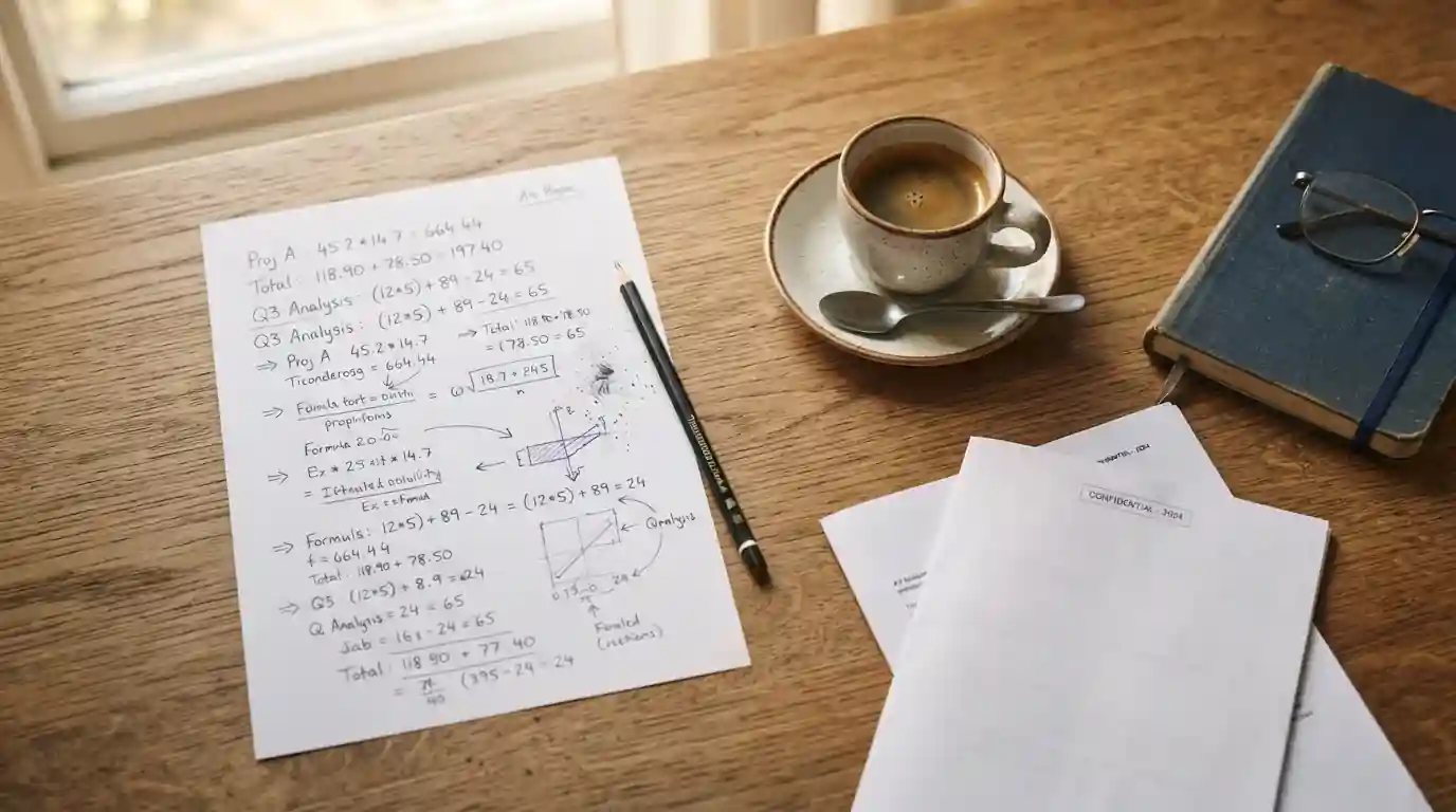Berechnungsblatt mit handschriftlichen Notizen und einem Bleistift auf Schreibtisch