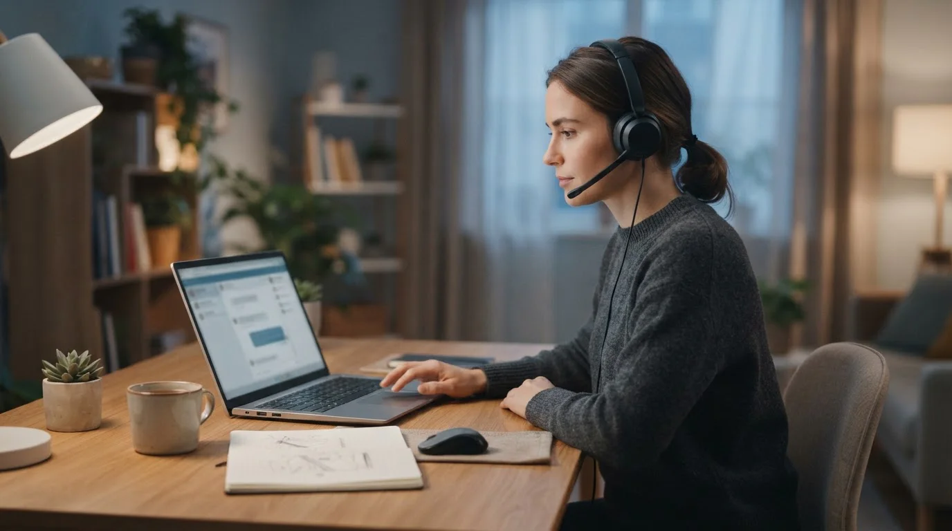 Person am Schreibtisch mit Headset vor dem Bildschirm, die im Live-Chat mit einem Support-Mitarbeiter spricht