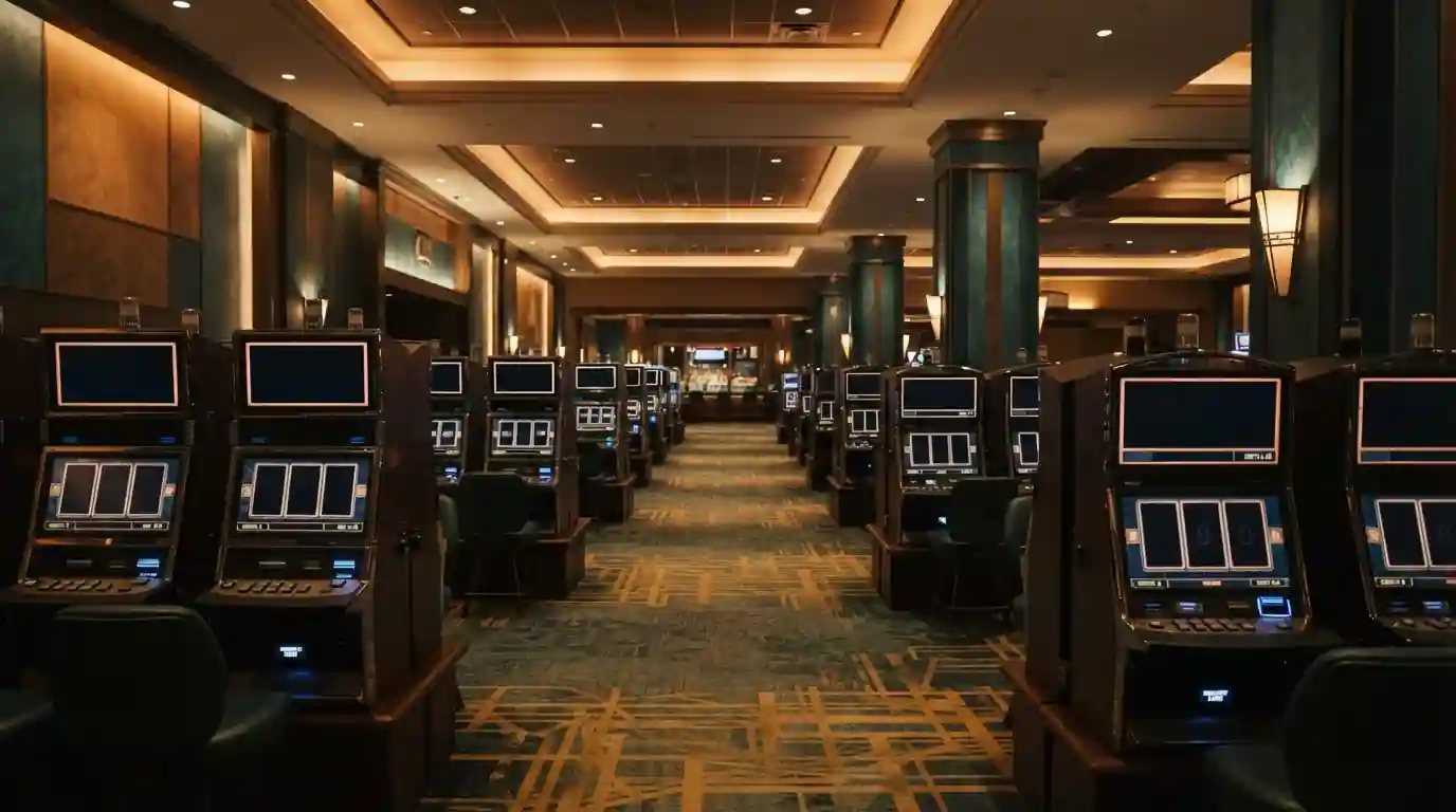 Stille Spielautomaten-Lobby mit leeren Walzen in warmem Licht, ohne Spielermarken oder Logos