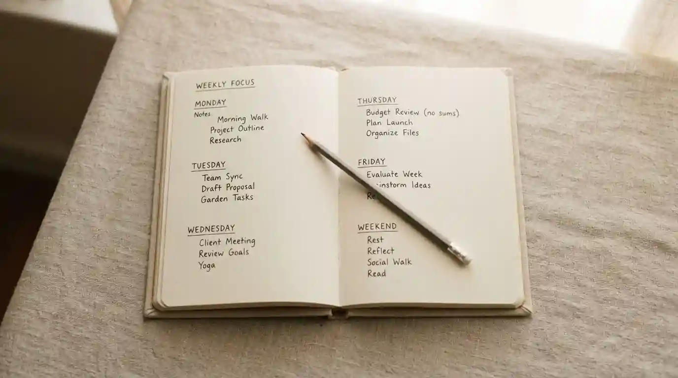 Tisch mit Notizbuch und Wochenplan, ein Bleistift liegt auf der offenen Seite