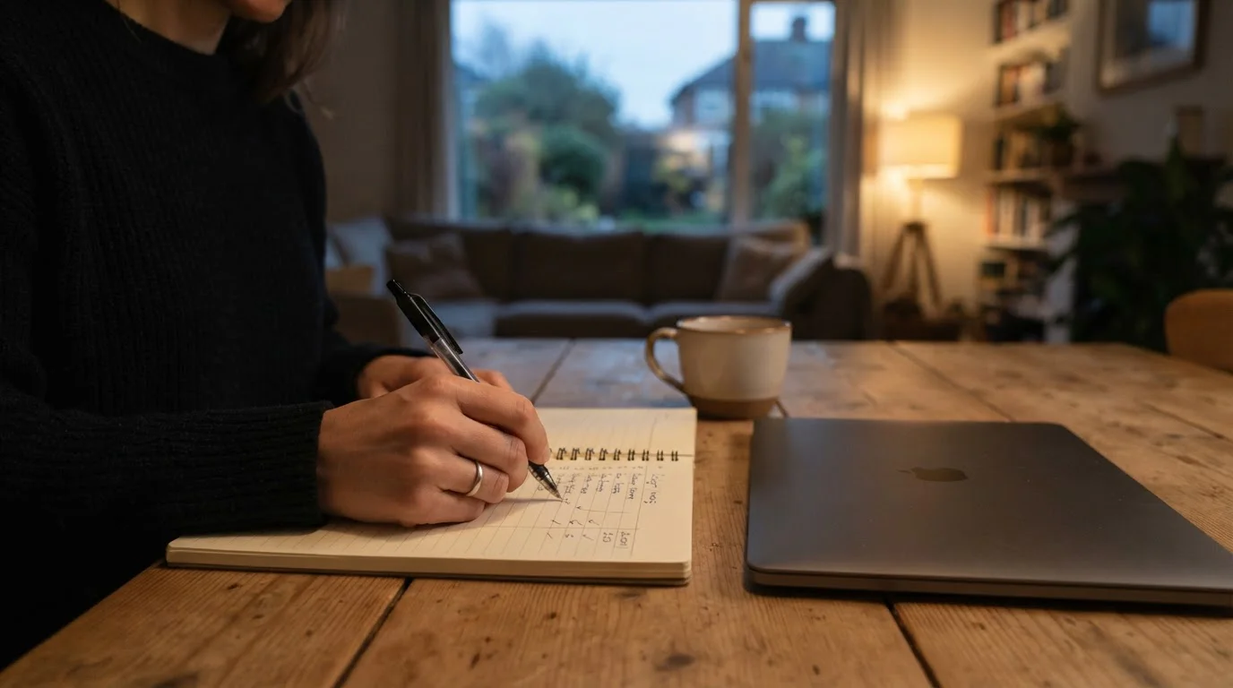 Ruhiger Schreibtisch mit handschriftlichem Budgetplan und ausgeschaltetem Laptop