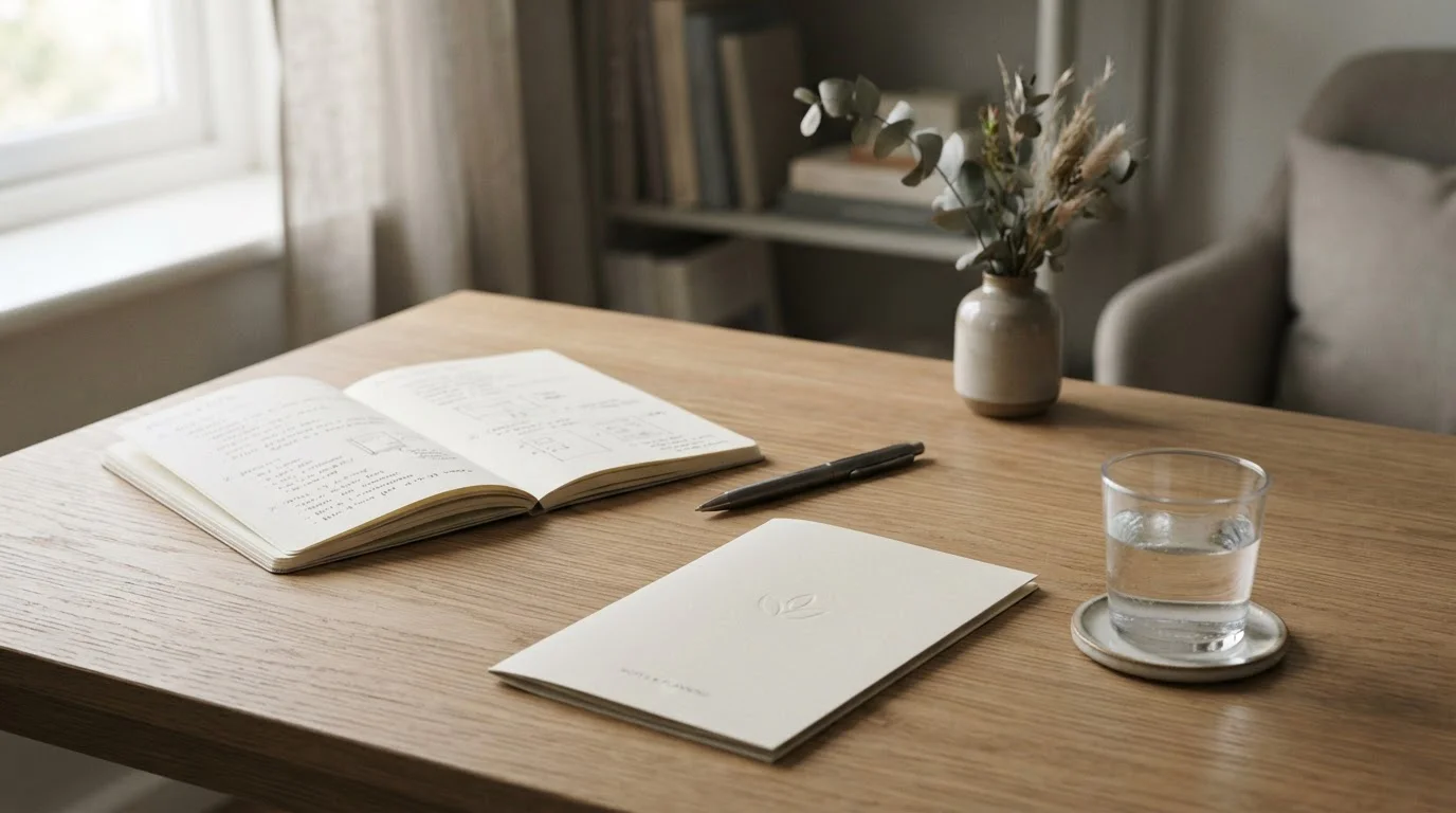 Stille Szene mit Notizbuch und Stift zur Selbstkontrolle beim Online-Spiel