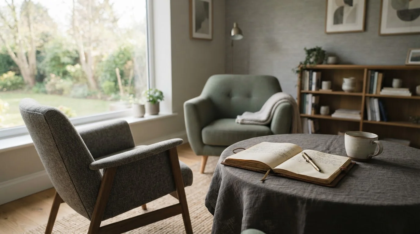 Ruhiges Beratungszimmer mit Notizbuch, Stift und Hinweisschild zur Spielsuchtberatung