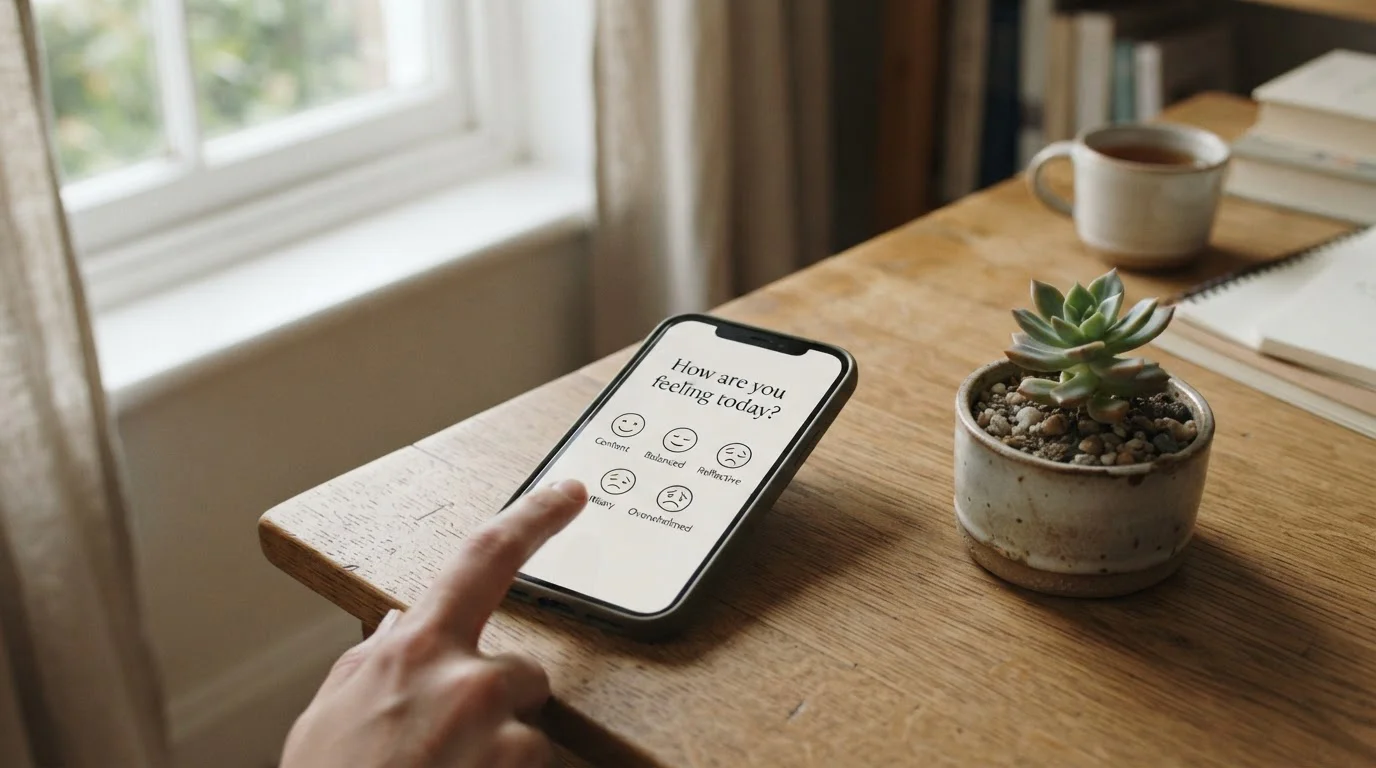 Smartphone-Display mit einer neutralen Selbsteinschätzungs-App der BZgA, kein erkennbares Markenlogo
