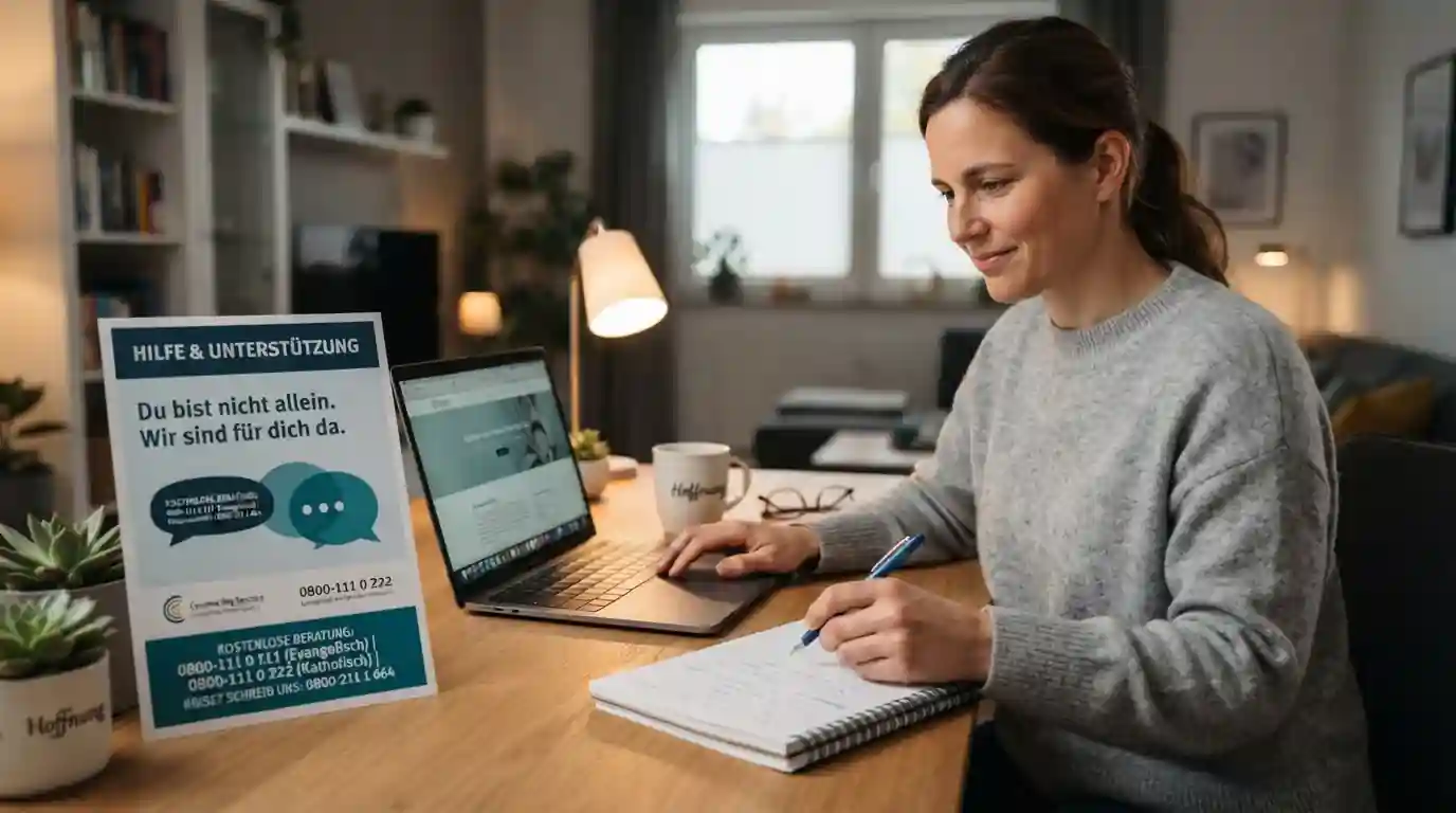 Person mit Laptop und Hotline-Flyer für Spielsuchtberatung