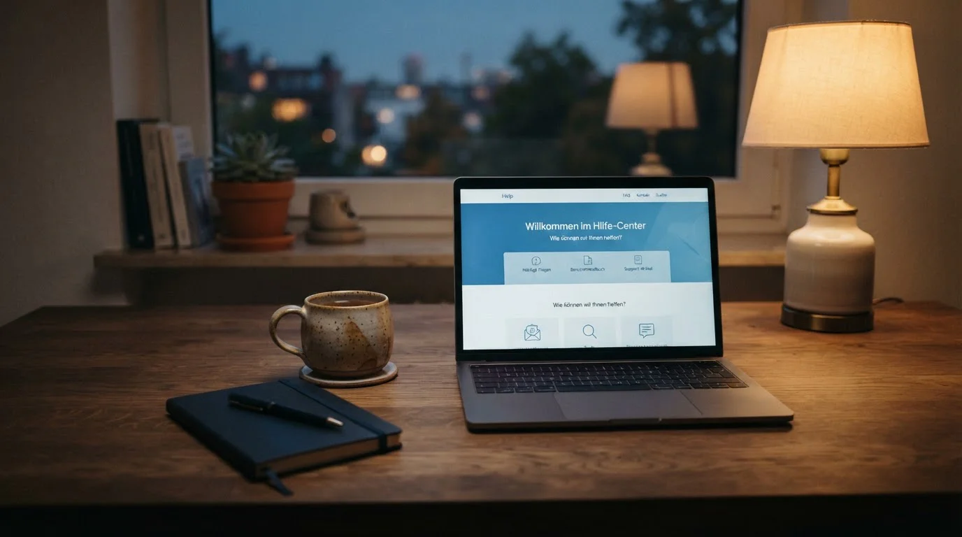 Ruhiger, aufgeräumter Schreibtisch mit einem Notizbuch, einer Tasse Tee und einem Laptop mit geöffnetem BZgA-Hilfsangebot