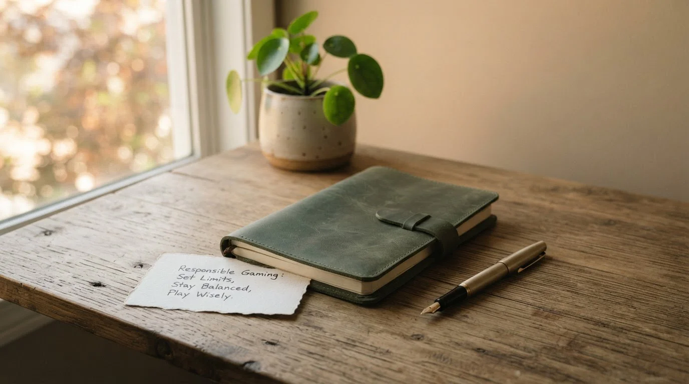 Notizbuch mit handschriftlicher Notiz zum verantwortungsvollen Spielen