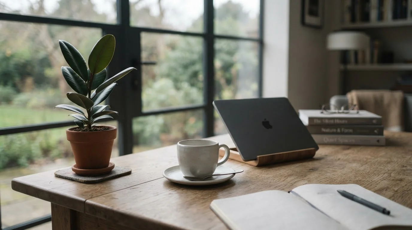 Leere Kaffeetasse neben Pflanze und geschlossenem Laptop als Sinnbild für Spielpausen