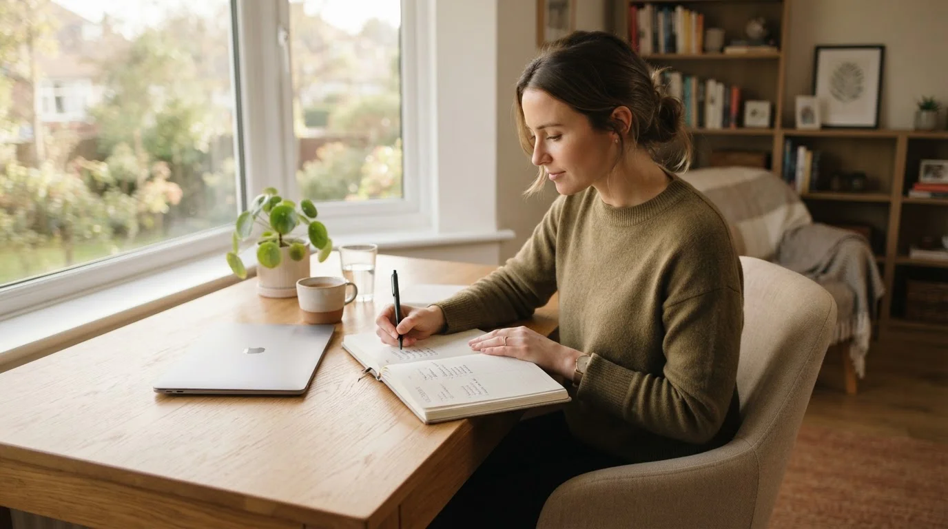 Person schreibt in ein Journal neben einem geschlossenen Laptop