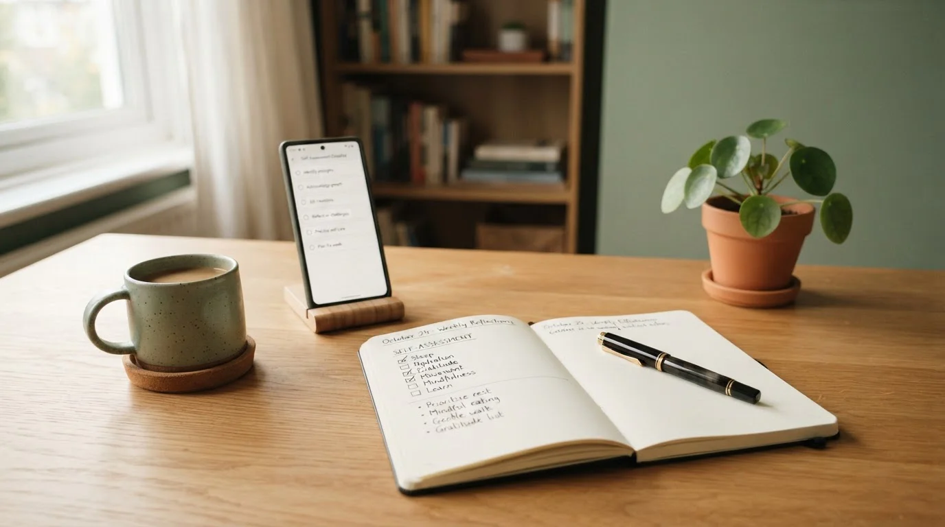 Tisch mit Smartphone, Notizbuch und Stift zur Selbsteinschätzung des Spielverhaltens