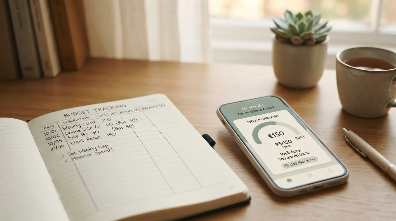 Notizbuch mit handschriftlichen Limit-Einträgen neben Smartphone mit Wallet-Bilanz