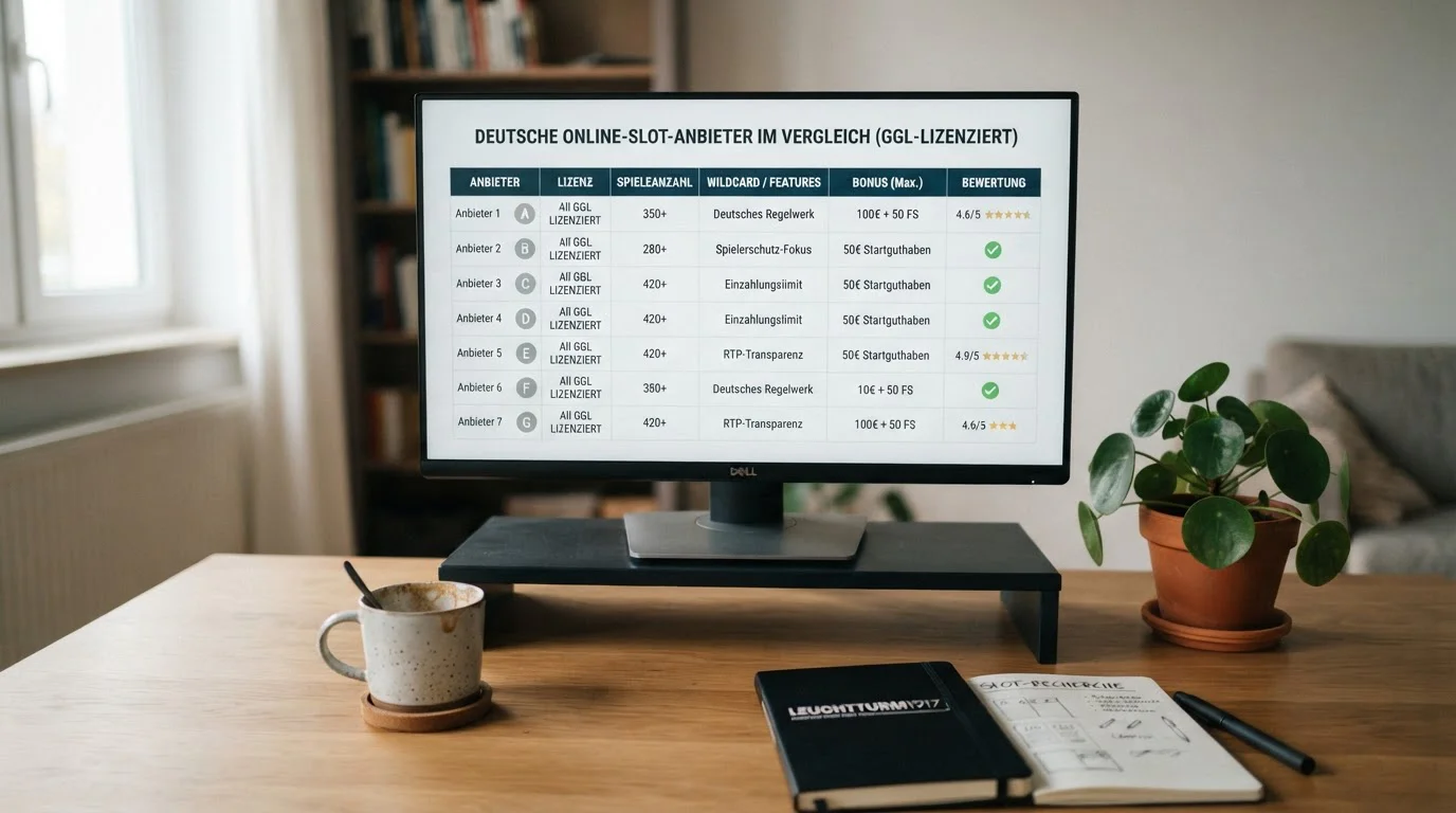 Übersicht der GGL-Spielotheken-Marken als Vergleichstafel auf einem Bildschirm, neutrale Icons statt Logos