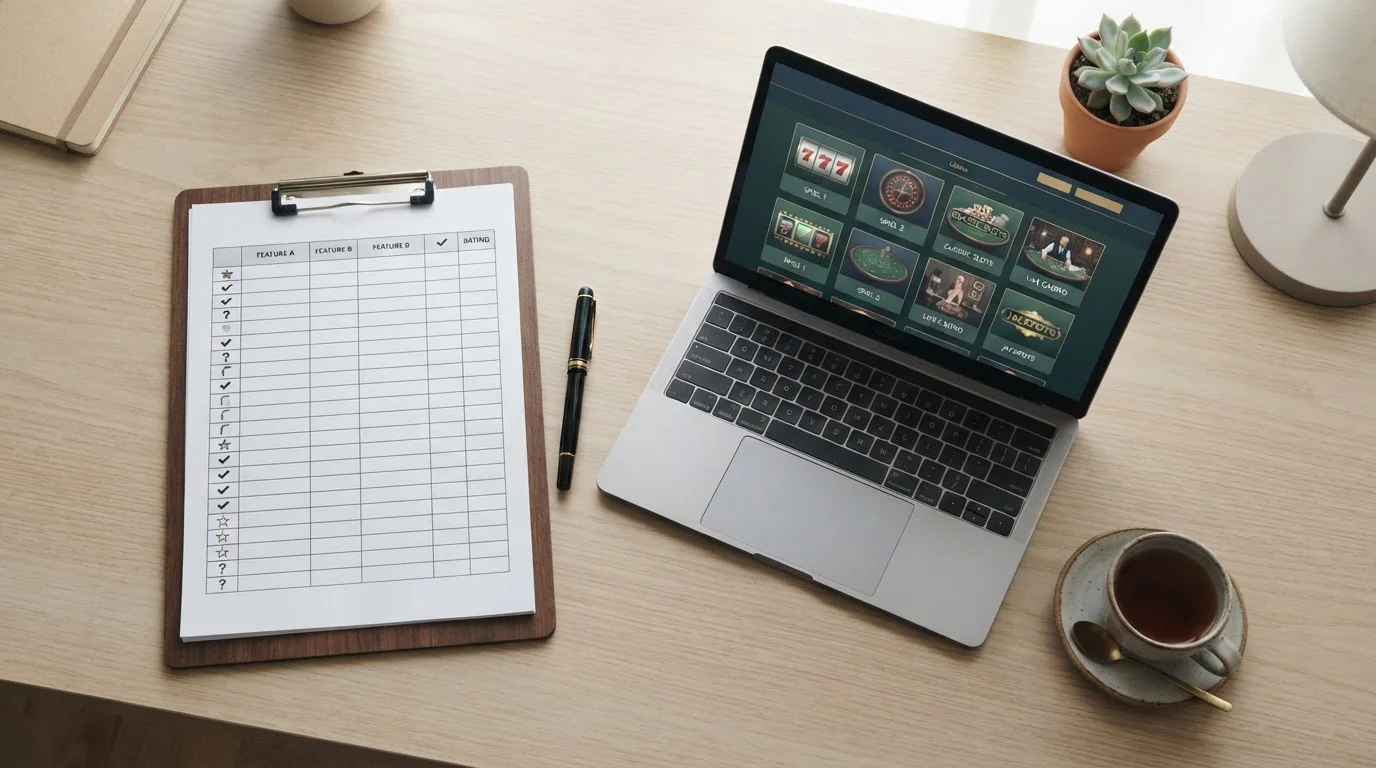 Aufgeräumter Schreibtisch mit Laptop, geöffnetem Browser zu einem seriösen deutschen Online-Casino und einem Notizbuch für Stichpunkte