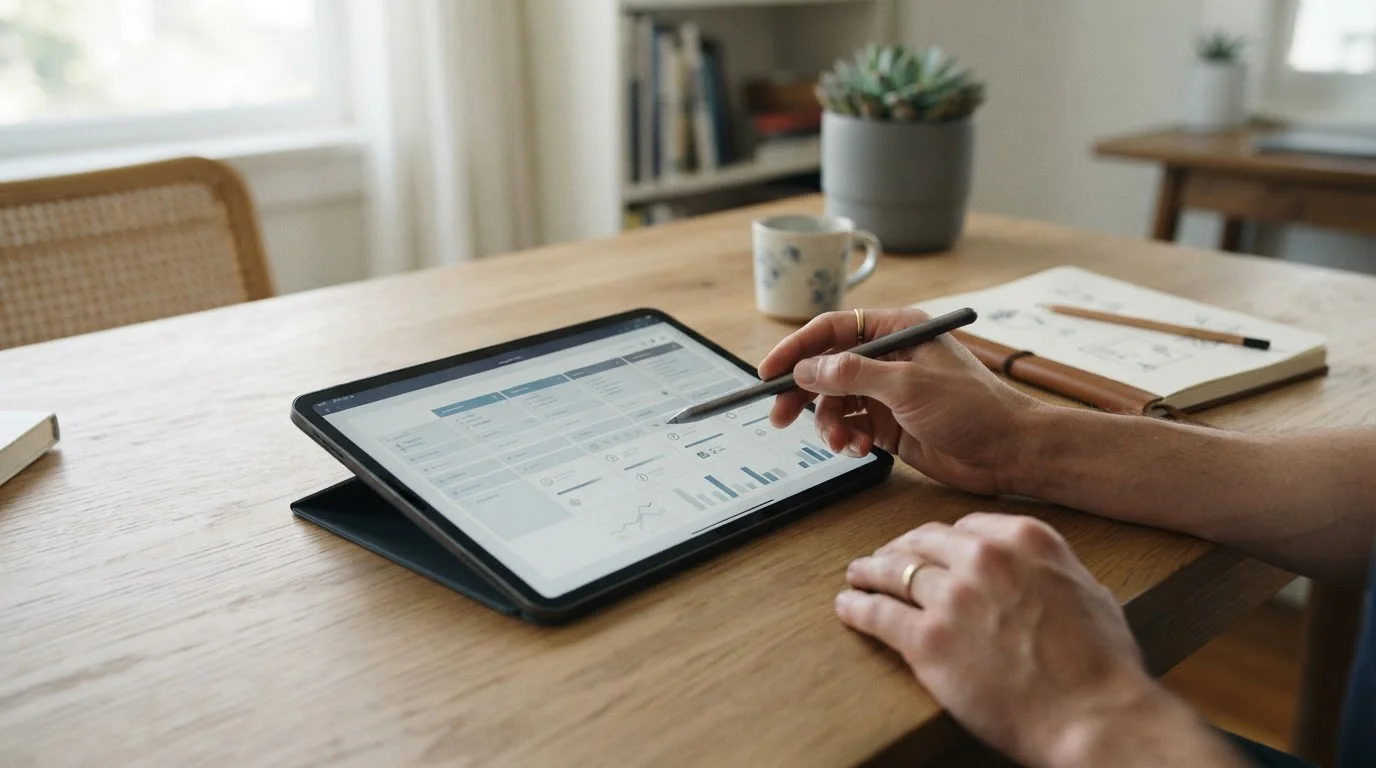 Vergleichstabelle auf einem Tablet-Monitor mit abstrakten Marken-Logos ohne echte Schriften