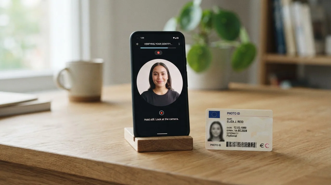 Identitätsprüfung per Smartphone: Ausweis neben Display, Kamera aktiv, Video-Ident läuft