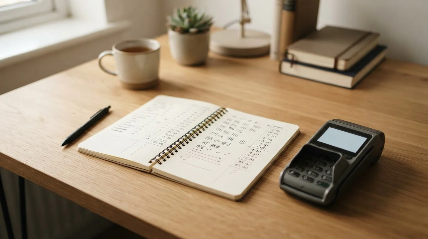 Handschriftliche Notizen zu kleinen Einzahlungssummen und Gebühren neben einem neutralen Kartenleser